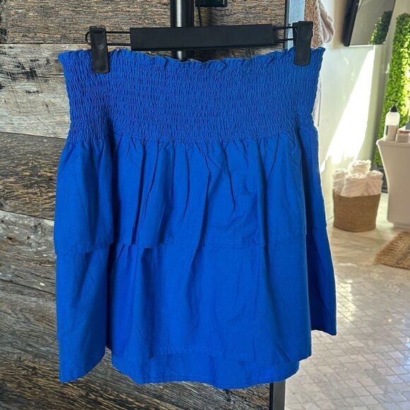 HT360 COLLECTIVE Smocked Waist Tiered Cotton Miniskirt In Cobalt Blue - Picture 3 of 9
